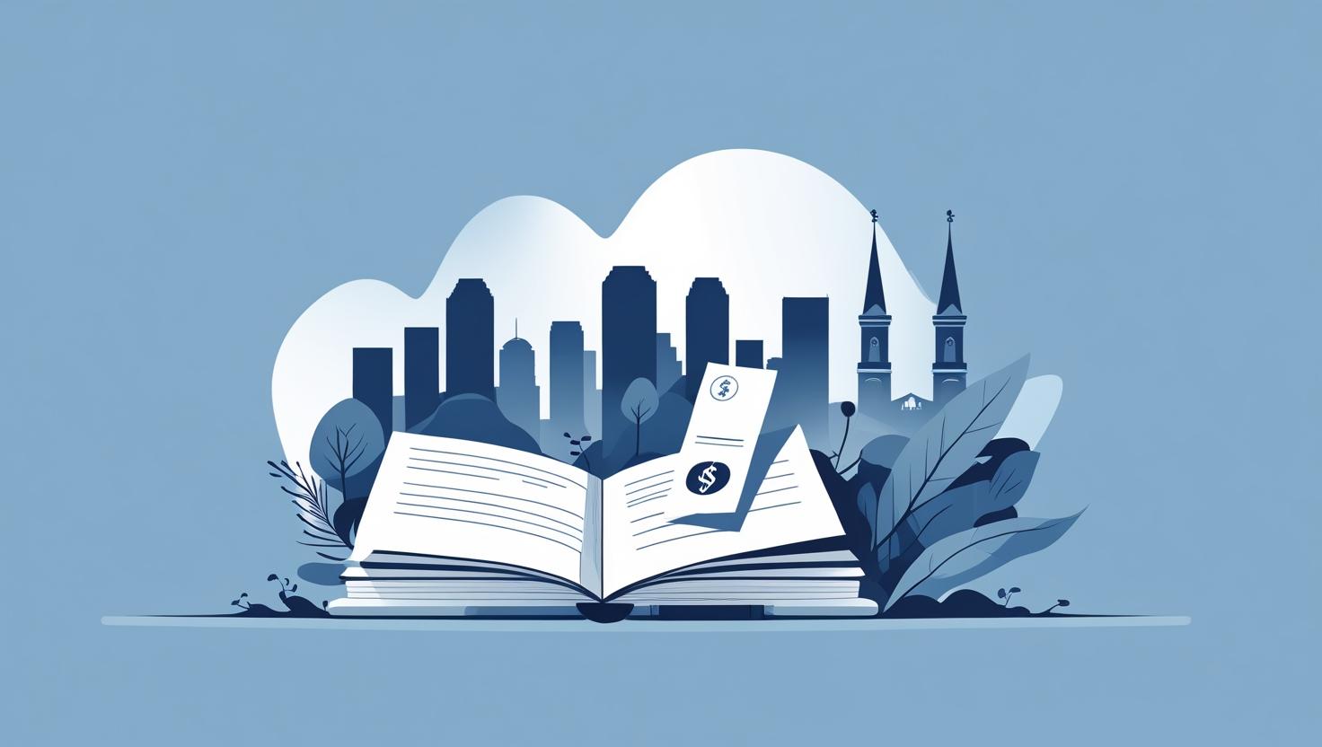 Minimalist illustration of an open book representing grant writing, with money symbols in front of a New Orleans city skyline.