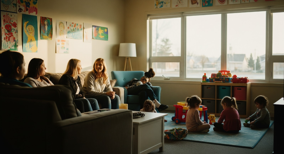 A warm common room in a women's shelter, where mothers talk on couches and children play on the floor—a direct result of the crisis center revenue and grant funding that supports their safety and well-being.