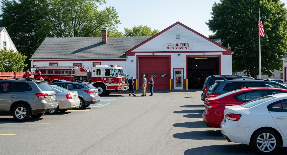 A volunteer fire department building on a sunny day, with a fire truck and firefighters visible in front of the station.