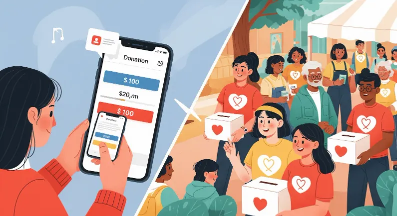 A comparison of modern online fundraising via smartphone app versus traditional in-person fundraising with community volunteers.
