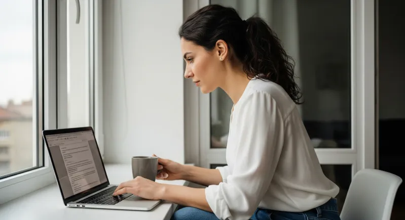A woman works on her laptop with a coffee mug while sitting at a desk by a window.